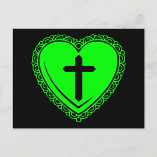 Gothic Heart + Cross (Black + Green) Postcard