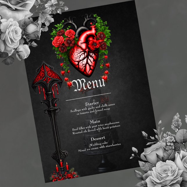 Gothic heart red flowers. menu (Heart)