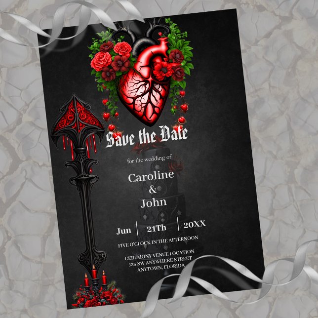 Gothic heart red flowers. save the date (Heart)