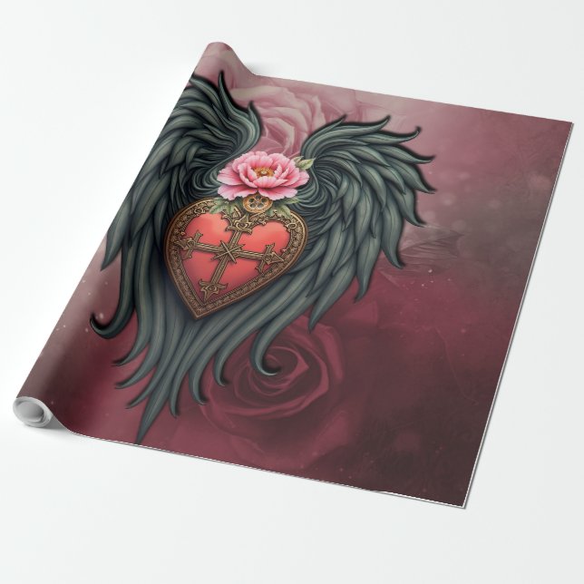 Gothic Heart with Bloom and Wings.  Wrapping Paper (Unrolled)