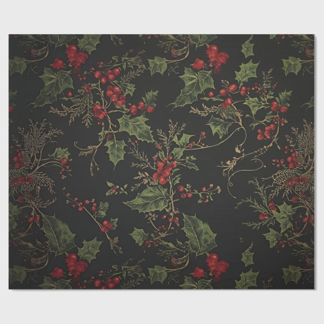 Gothic Holly Wrapping Paper |Dark Christmas Floral (Flat)