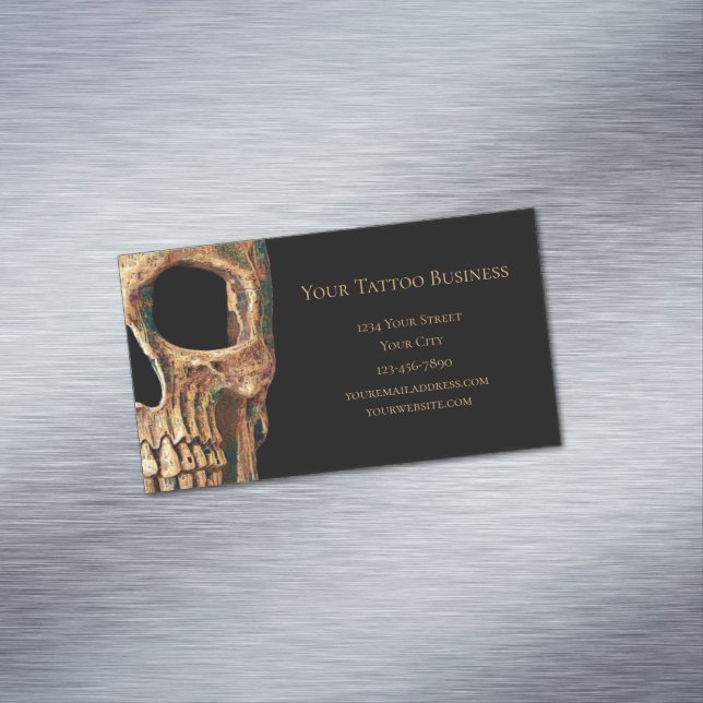 Gothic Human Half Skull Brown Green Tattoo Shop Magnetic Business Card (In Situ)