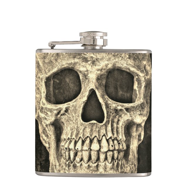 Gothic Human Skull Beige Black Texture Grunge Hip Flask (Front)