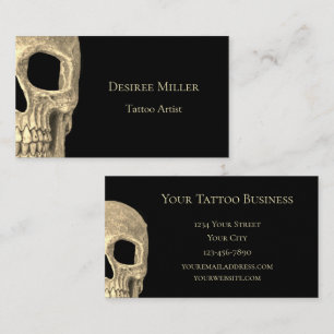 Gothic Human Skull Face Beige Black Tattoo Shop Business Card