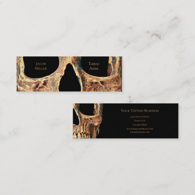 Gothic Human Skull Face Brown Green Tattoo Shop Mini Business Card (Front/Back)