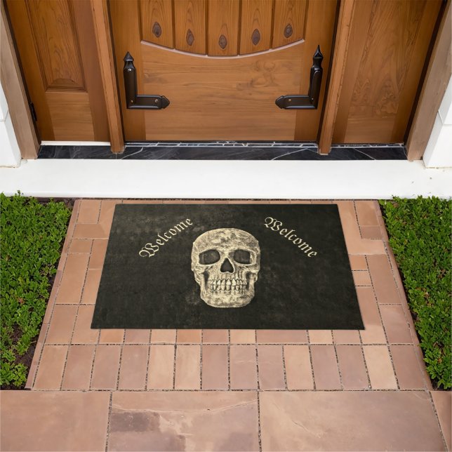 Gothic Human Skull Head Beige Black Custom Doormat (Outdoor)