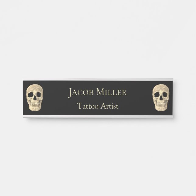 Gothic Human Skull Head Black Beige Tattoo Shop Door Sign (Front)