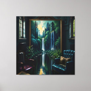 Gothic Inside Mansion Surreal Waterfall 4 Canvas Print