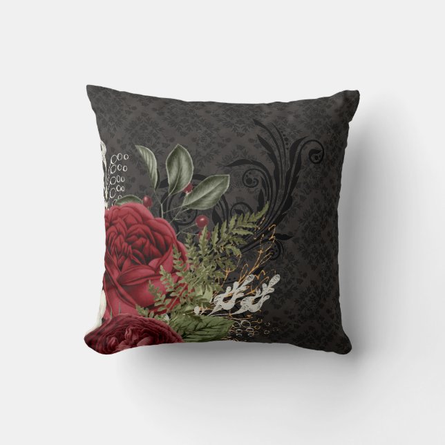 Gothic Inspired Red and Black Rose Cushion (Front)