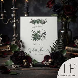 Gothic Ivory Floral Skull Bridal Shower Tabletop Pedestal Sign