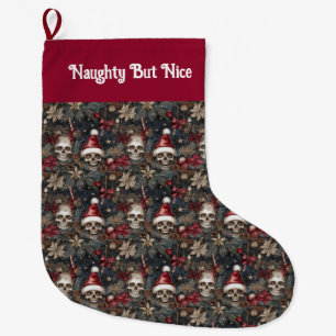 Gothic jolly skulls in Santa Hats Christmas Large Stocking