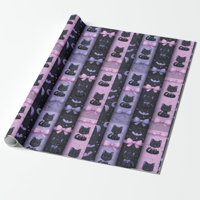 Gothic Kawaii Cute Black Cats Moons Bats Wrapping Paper (Unrolled)