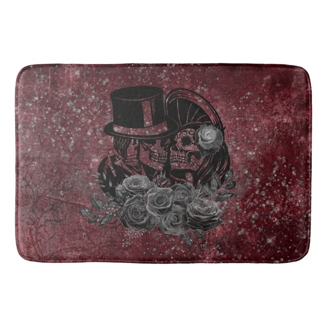 Gothic Kissing Skulls Couple And Blood Red Eternal Bath Mat (Front)