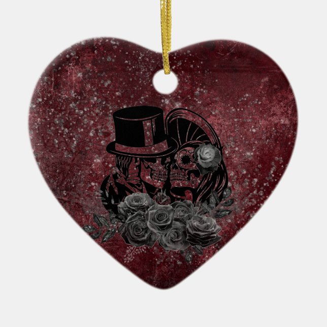 Gothic Kissing Skulls Couple And Blood Red Eternal Ceramic Tree Decoration (Front)