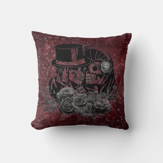 Gothic Kissing Skulls Couple And Blood Red Eternal Cushion (Front)