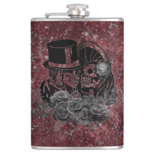 Gothic Kissing Skulls Couple And Blood Red Eternal Hip Flask
