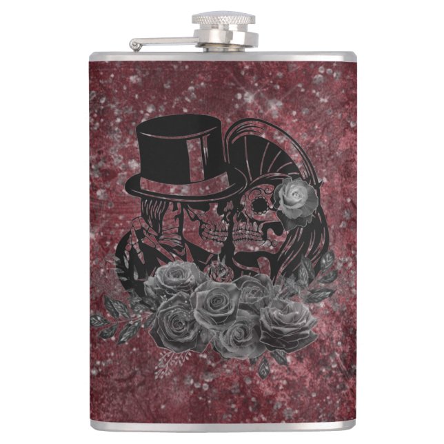 Gothic Kissing Skulls Couple And Blood Red Eternal Hip Flask (Front)