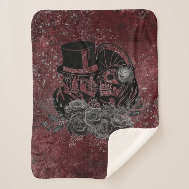 Gothic Kissing Skulls Couple And Blood Red Eternal Sherpa Blanket (Front)