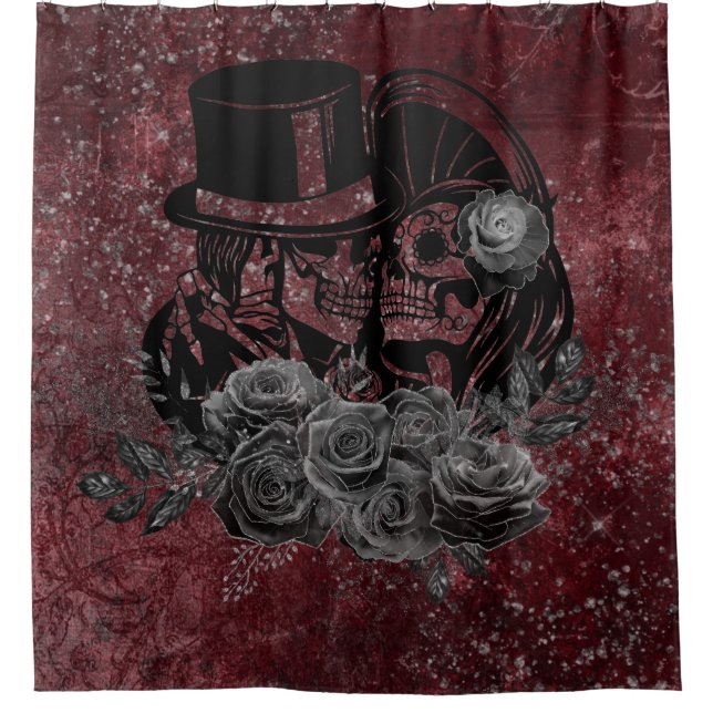 Gothic Kissing Skulls Couple And Blood Red Eternal Shower Curtain (Front)