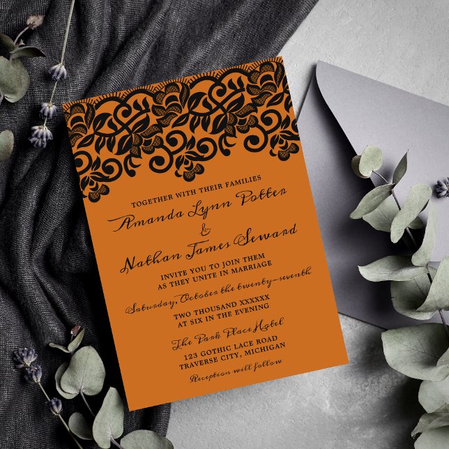 Gothic Lace Halloween Orange Black Wedding Invitation (Creator Uploaded)