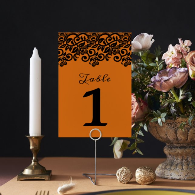 Gothic Lace Halloween Orange Black Wedding Table Number (Creator Uploaded)