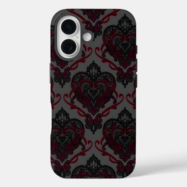 Gothic Lace Heart Damask — Red & Black Phone Case (Back)