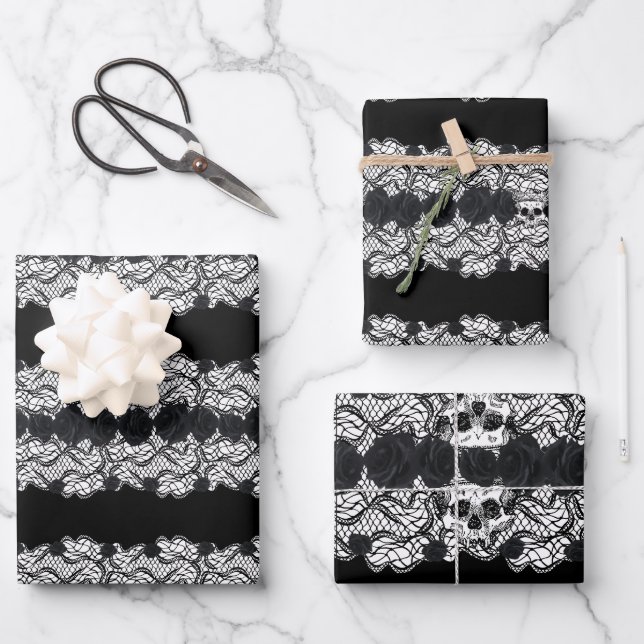 Gothic lace, skulls and roses,  3 design wrapping paper sheet (Front)
