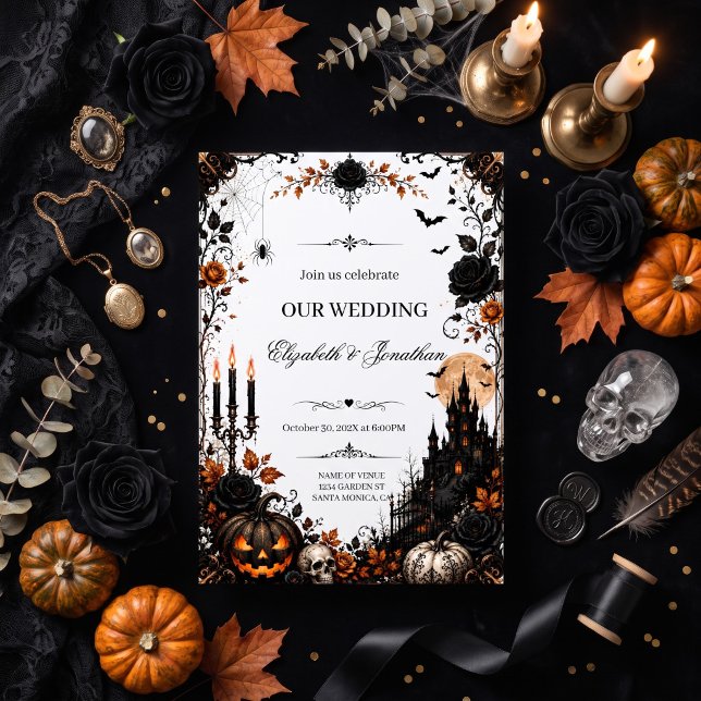 Gothic lack Roses, Haunted CastlePumpkin Wedding Invitation (Creator Uploaded)