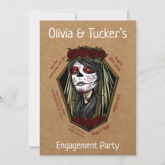 Gothic Lady Skull Coffin Dark Red Engagement Party Invitation (Front)