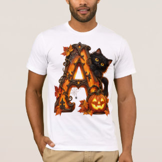 Gothic Letter A Halloween Pumpkin & Black Cat T-Shirt