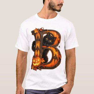 Gothic Letter B Halloween Pumpkin & Black Cat T-Shirt