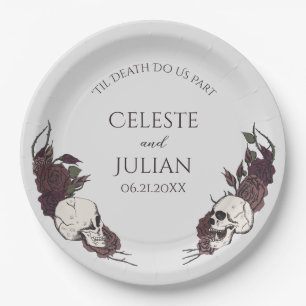 Gothic Light Grey Floral Skull Wedding Paper Plate