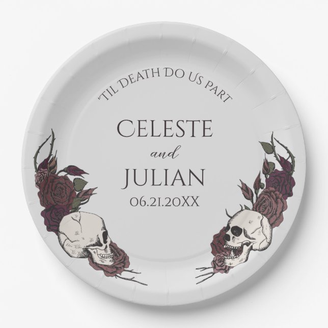 Gothic Light Grey Floral Skull Wedding Paper Plate (Front)
