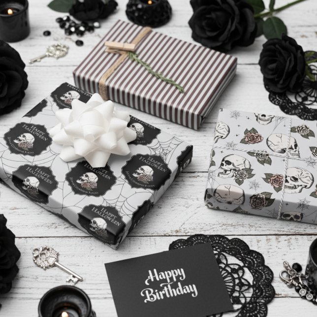 Gothic Light Grey Skulls and Stripes Halloween  Wrapping Paper Sheet (Gothic Soft Gray Gift Wrap For Her. Vintage Floral Skulls, Roses Pattern. Halloween October Birthday)