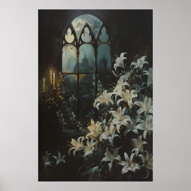 Gothic Lilies Flowers Candlelight Castle Art, Dark Poster (Front)