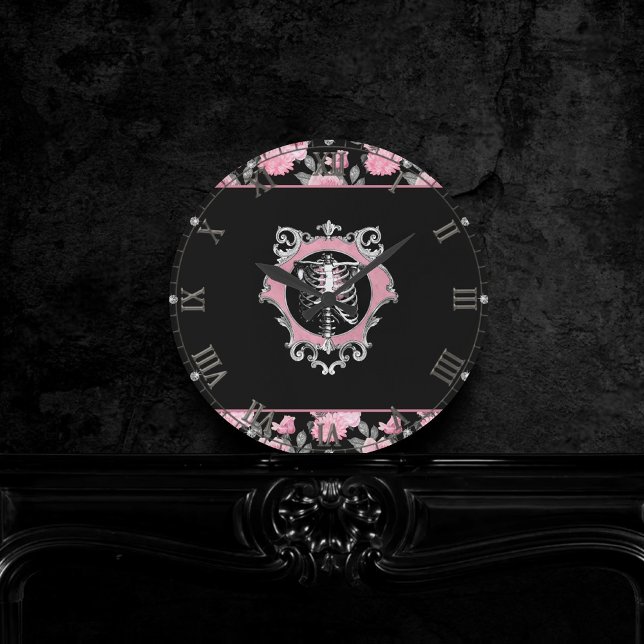 Gothic Love | Pink and Black Skeleten Heart Floral Round Clock (Creator Uploaded)