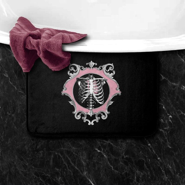 Gothic Love | Pink and Black Skeleton Heart Floral Bath Mat (Creator Uploaded)