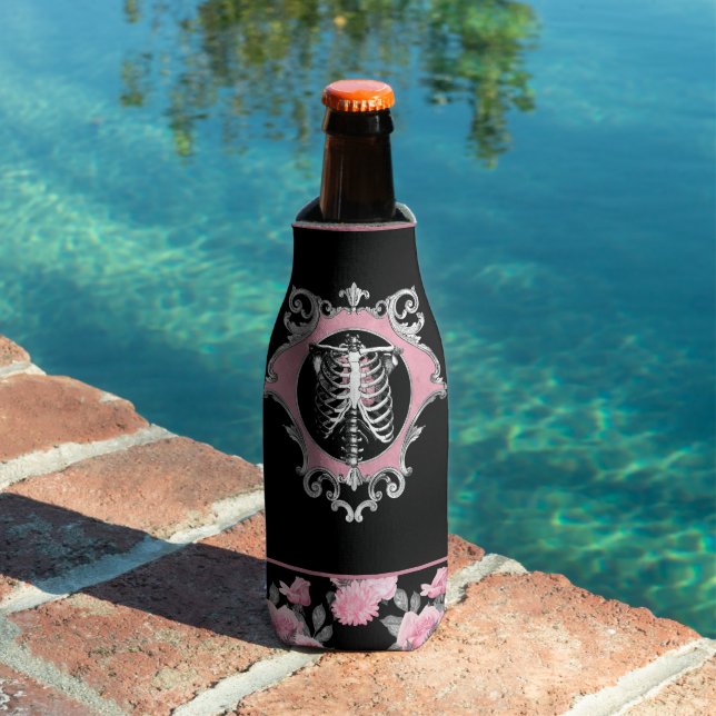 Gothic Love | Pink and Black Skeleton Heart Floral Bottle Cooler (In Situ Pool)