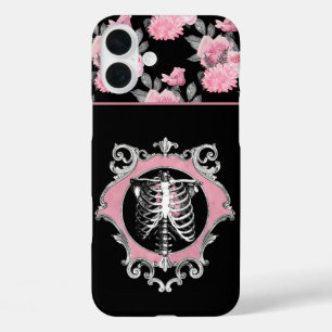 Gothic Love Pink and Black Skeleton Heart Floral iPhone 16 Plus Case