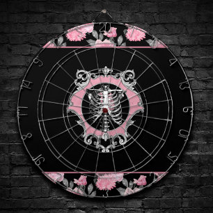 Gothic Love   Pink and Black Skeleton Heart Floral Dartboard