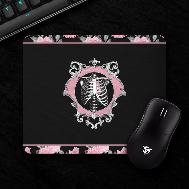 Gothic Love | Pink and Black Skeleton Heart Floral Mouse Pad (Creator Uploaded)