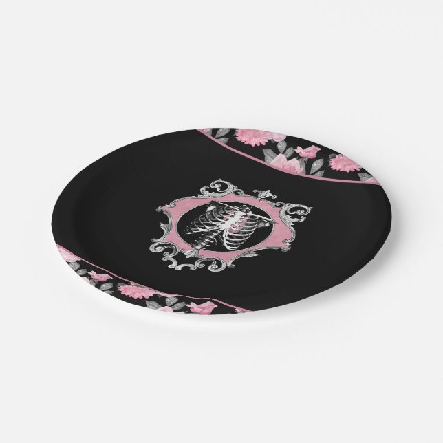 Gothic Love | Pink and Black Skeleton Heart Floral Paper Plate (Angled)