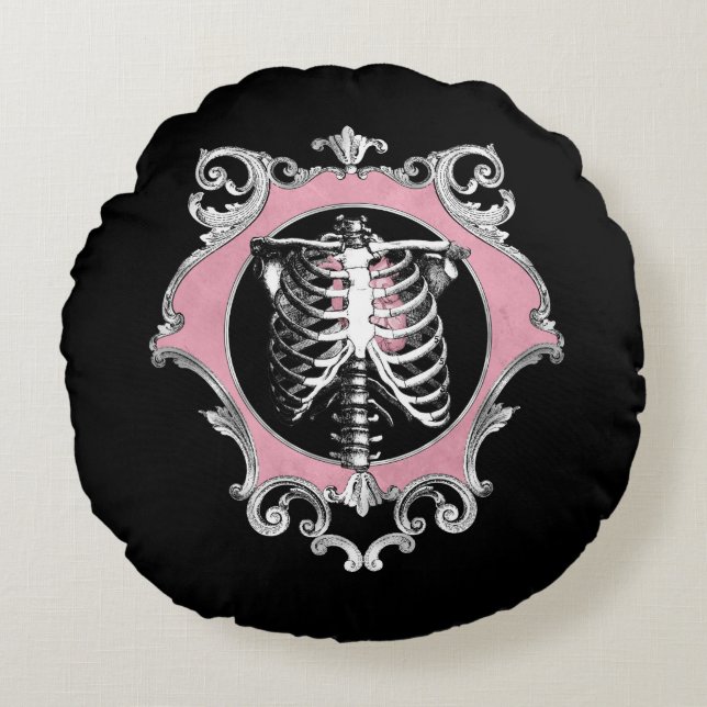 Gothic Love | Pink and Black Skeleton Heart Floral Round Cushion (Front)