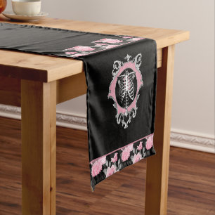 Gothic Love   Pink and Black Skeleton Heart Floral Short Table Runner