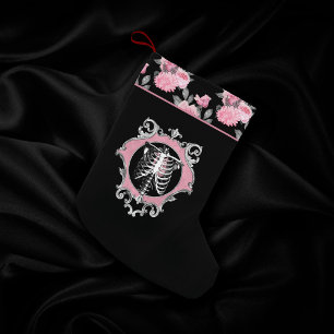 Gothic Love   Pink and Black Skeleton Heart Floral Small Christmas Stocking