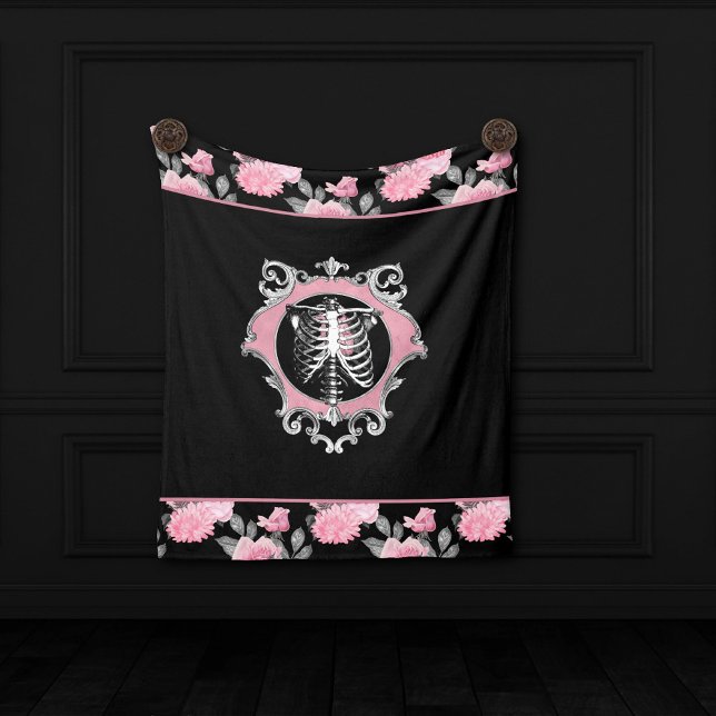 Gothic Love | Pink and Black Skeleton Heart Floral Tapestry (Creator Uploaded)