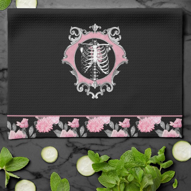 Gothic Love | Pink and Black Skeleton Heart Floral Tea Towel (Creator Uploaded)