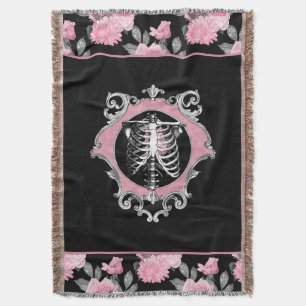 Gothic Love Pink and Black Skeleton Heart Floral Throw Blanket