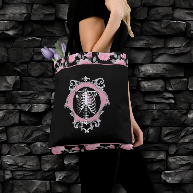 Gothic Love | Pink and Black Skeleton Heart Floral Tote Bag (Creator Uploaded)
