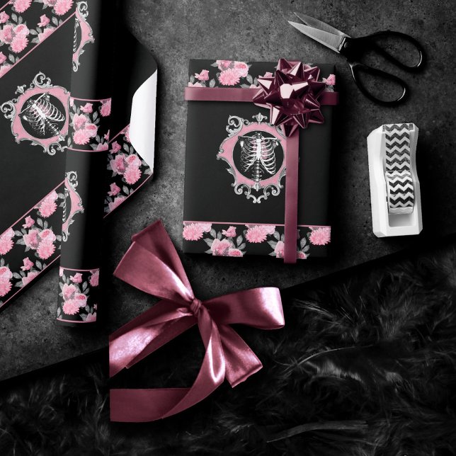 Gothic Love | Pink and Black Skeleton Heart Floral Wrapping Paper (Creator Uploaded)